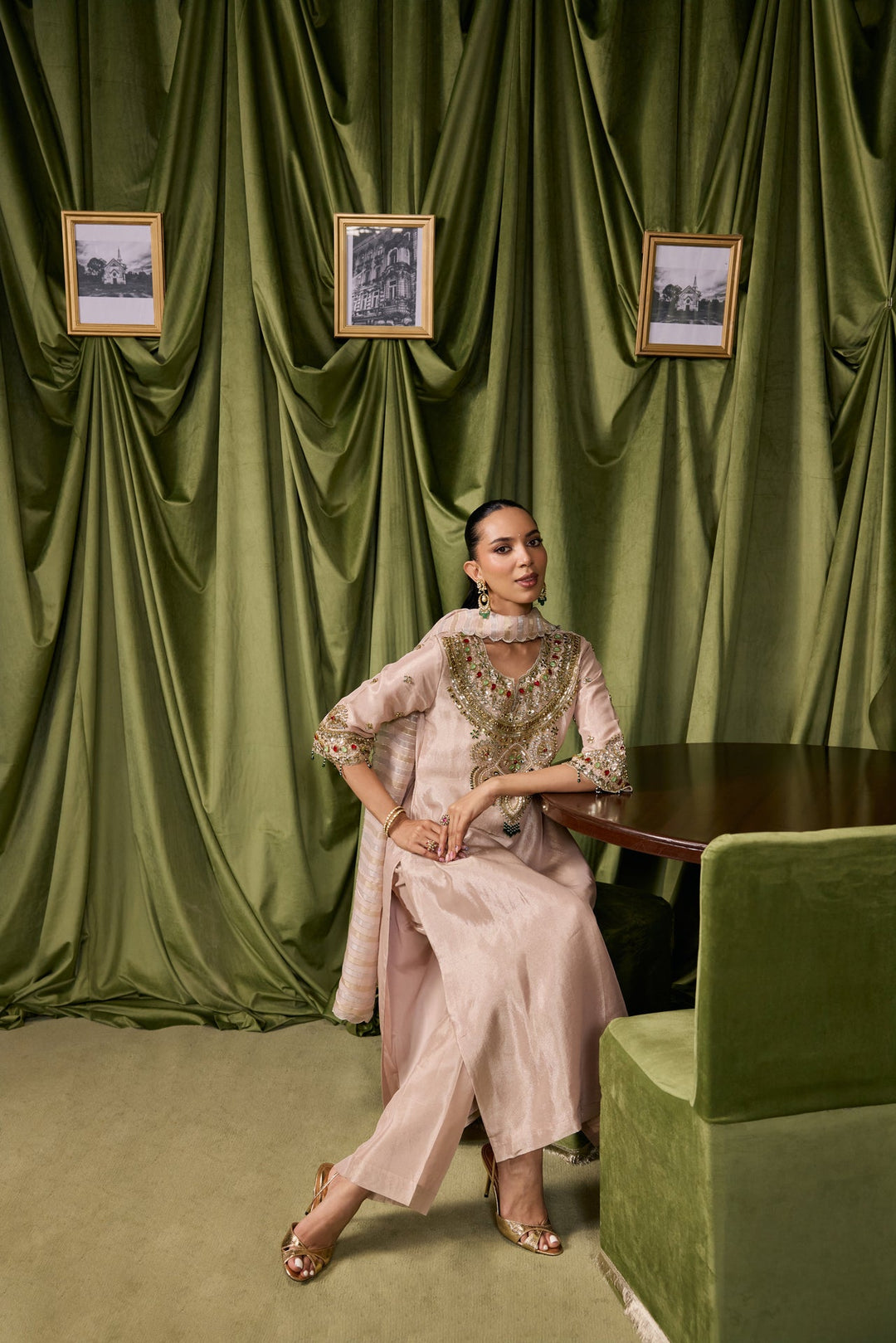 Beige Tissue Solid With Embroidered Three Piece Set
