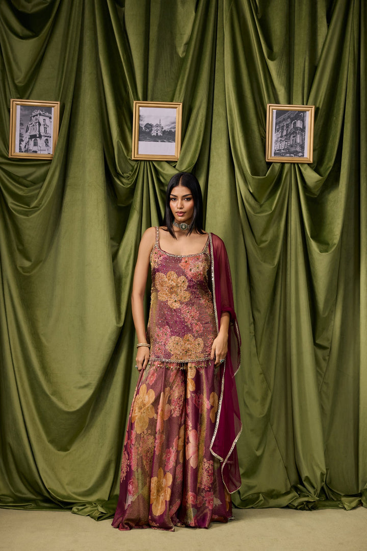 Wine Tissue Big Floral Printed And Embroidered Three Piece Set