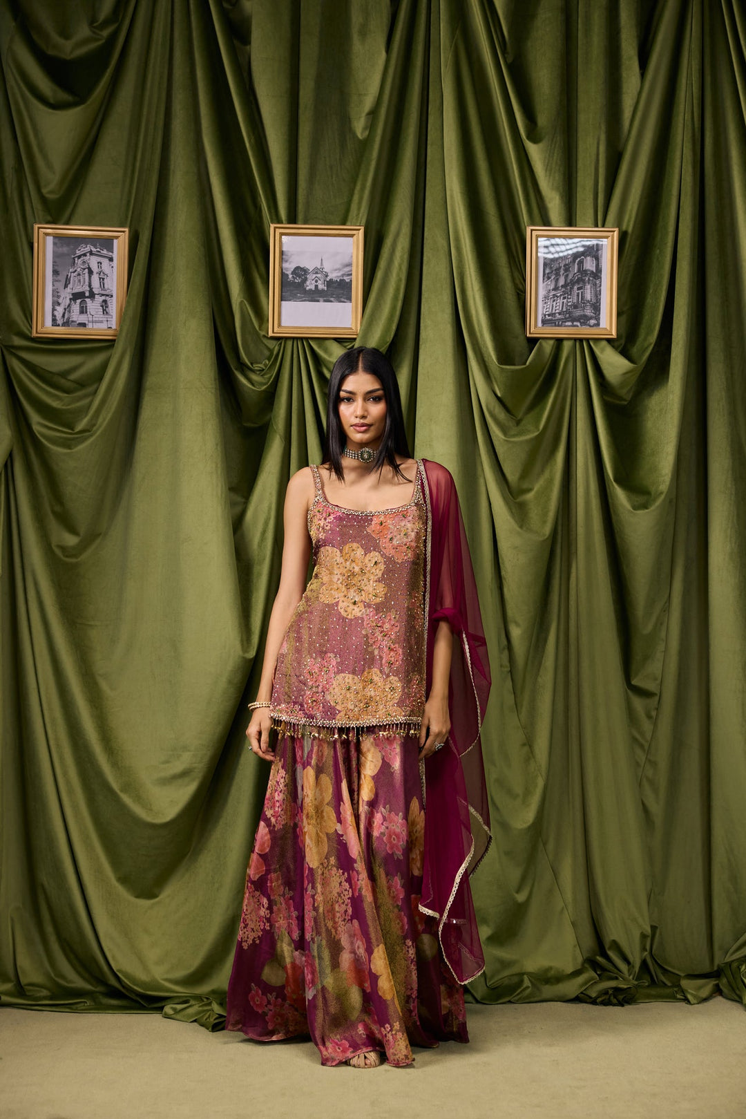 Wine Tissue Big Floral Printed And Embroidered Three Piece Set