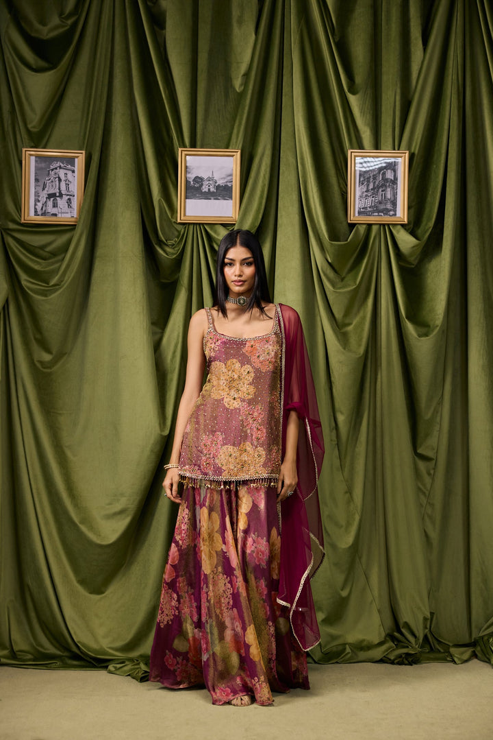 Wine Tissue Big Floral Printed And Embroidered Three Piece Set