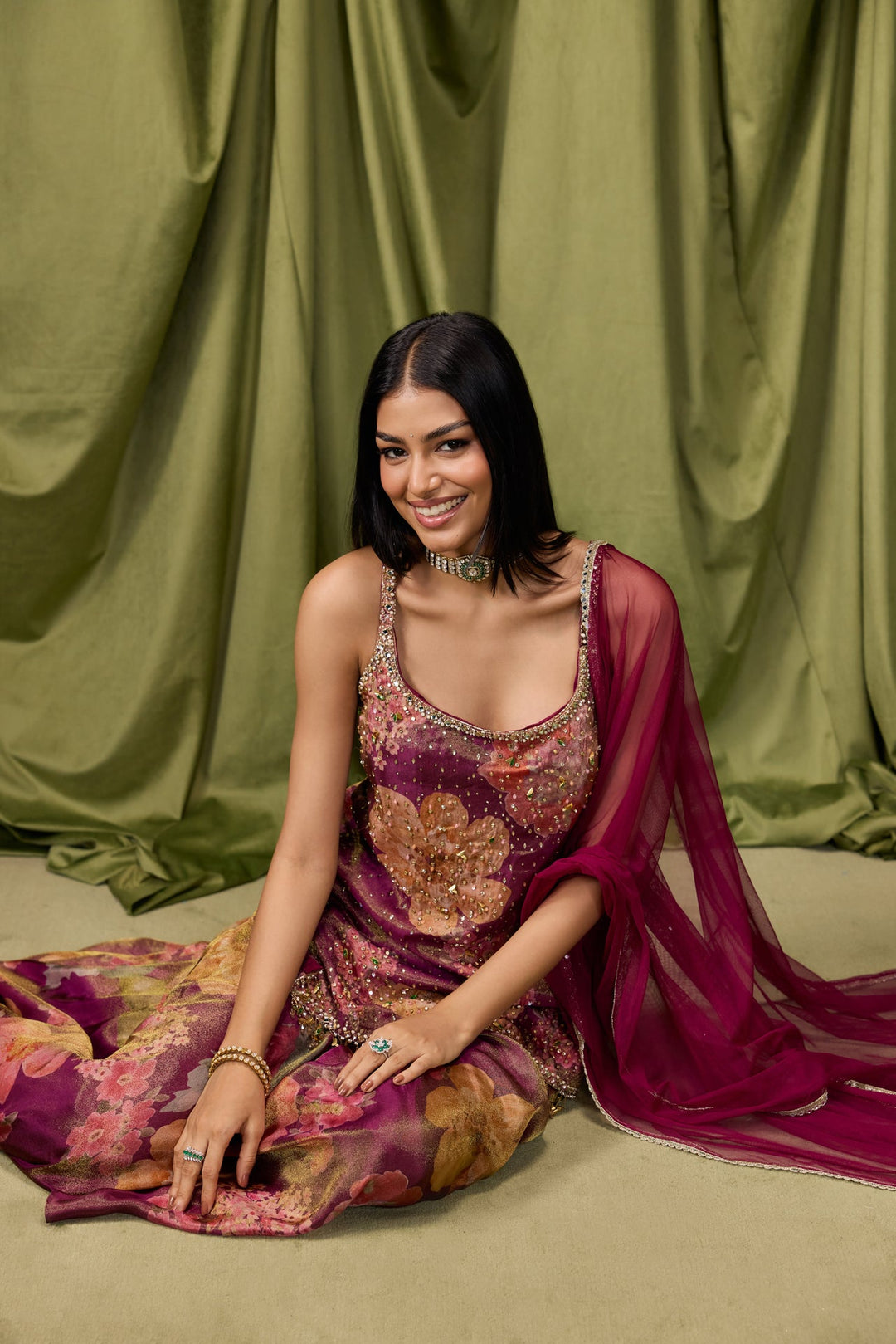 Wine Tissue Big Floral Printed And Embroidered Three Piece Set