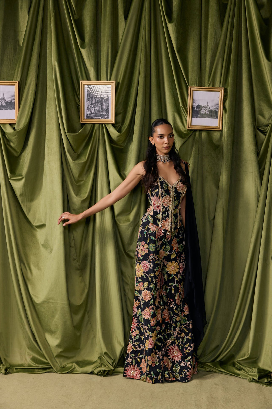 Black Crepe All Over Floral Embroidered Three Piece Set