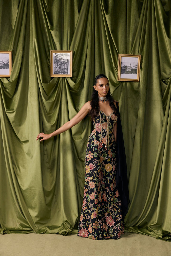 Black Crepe All Over Floral Embroidered Three Piece Set