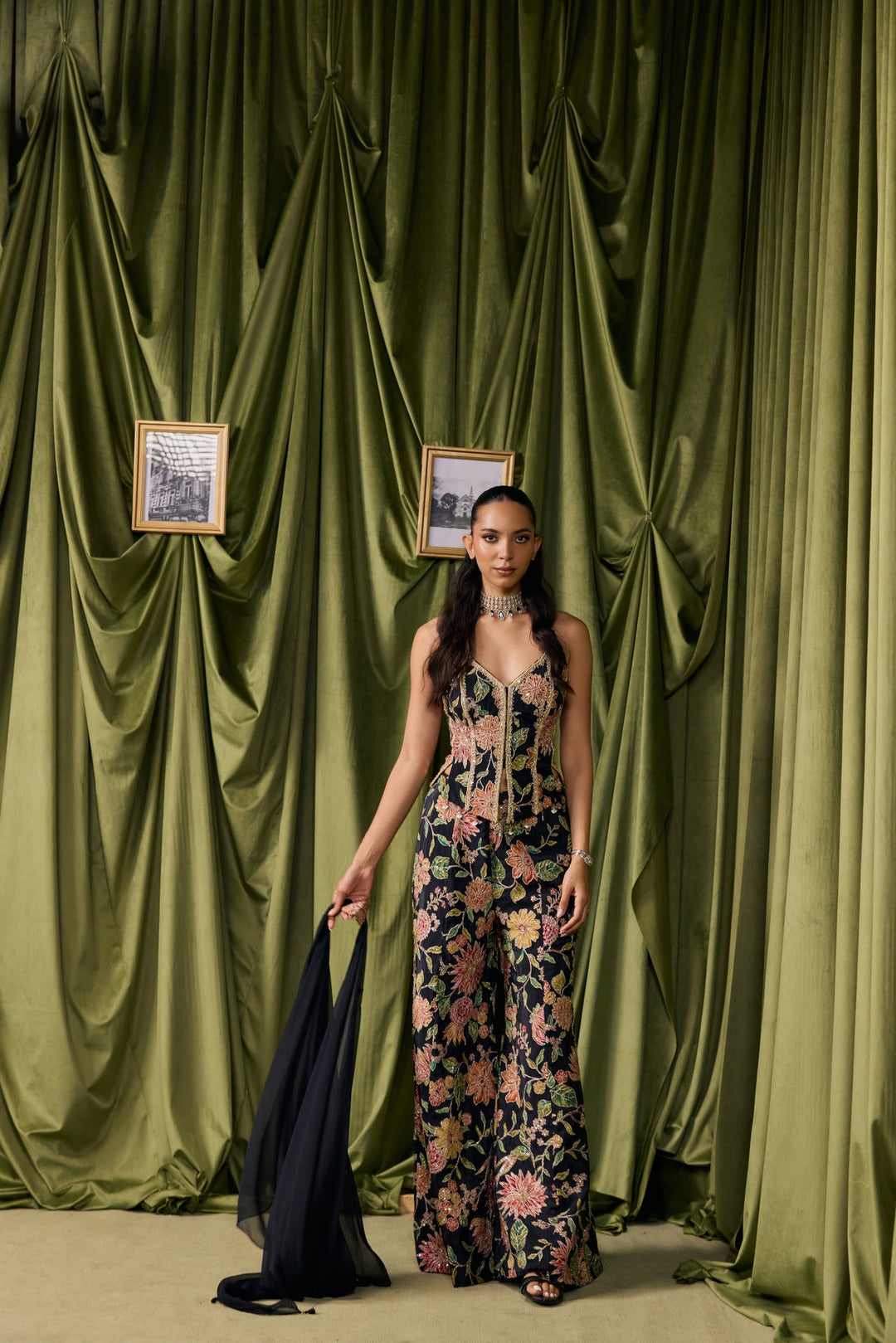 Black Crepe All Over Floral Embroidered Three Piece Set