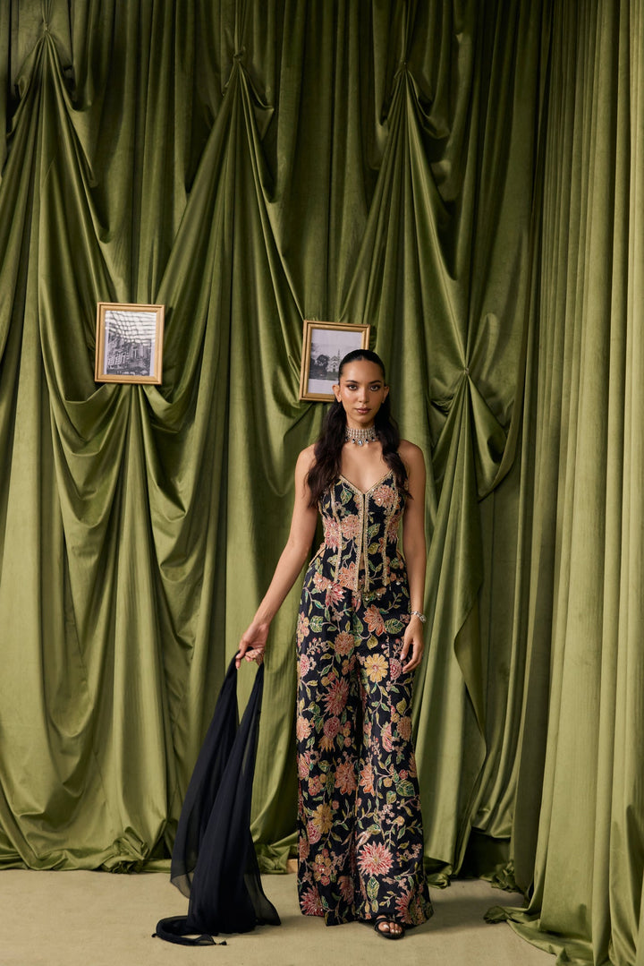 Black Crepe All Over Floral Embroidered Three Piece Set