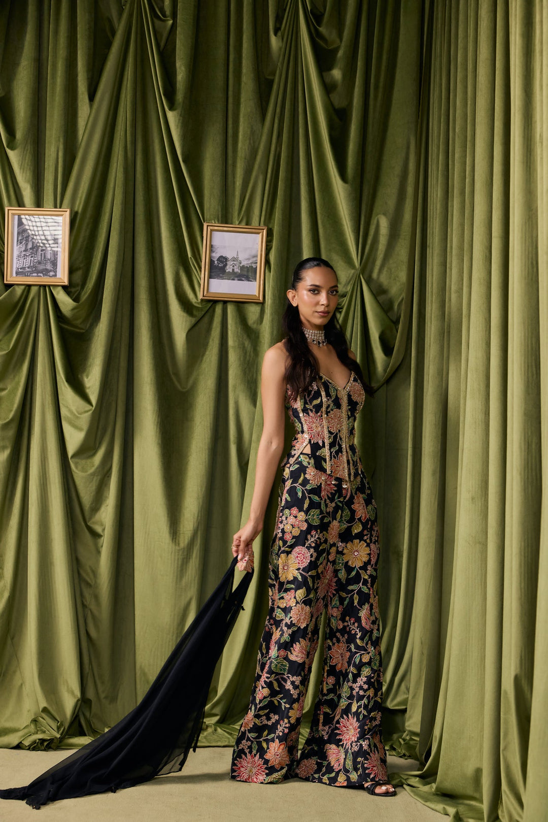Black Crepe All Over Floral Embroidered Three Piece Set