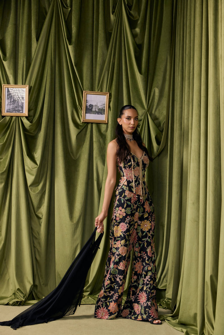 Black Crepe All Over Floral Embroidered Three Piece Set