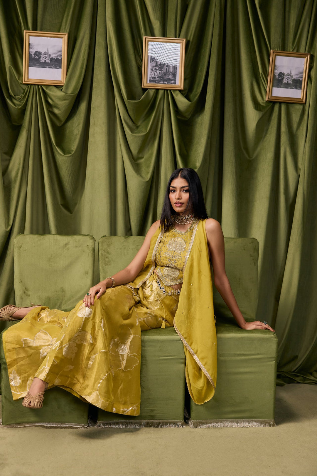 Variyali Green Tissue Zari Printed Three Piece Set