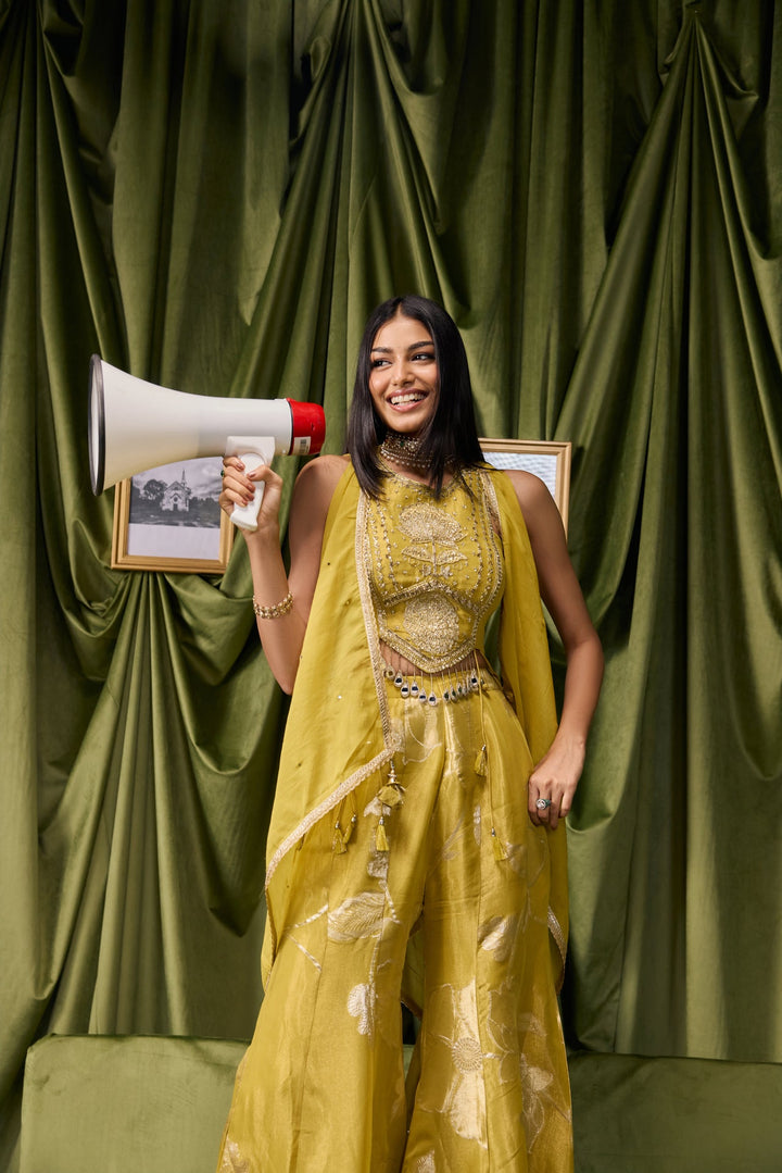 Variyali Green Tissue Zari Printed Three Piece Set