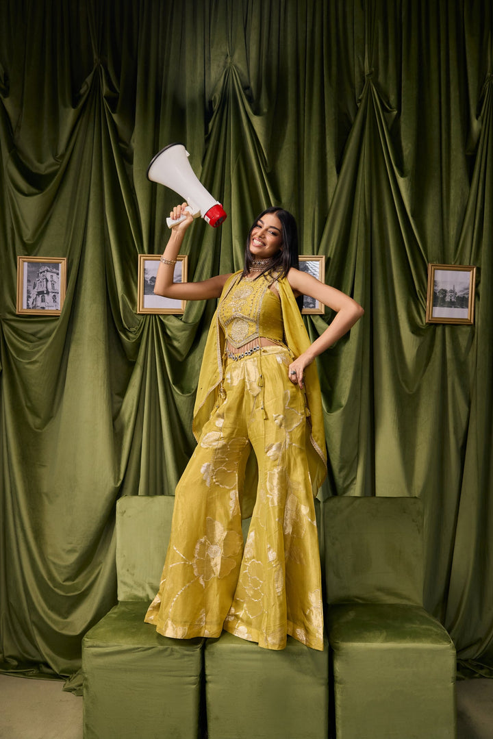 Variyali Green Tissue Zari Printed Three Piece Set