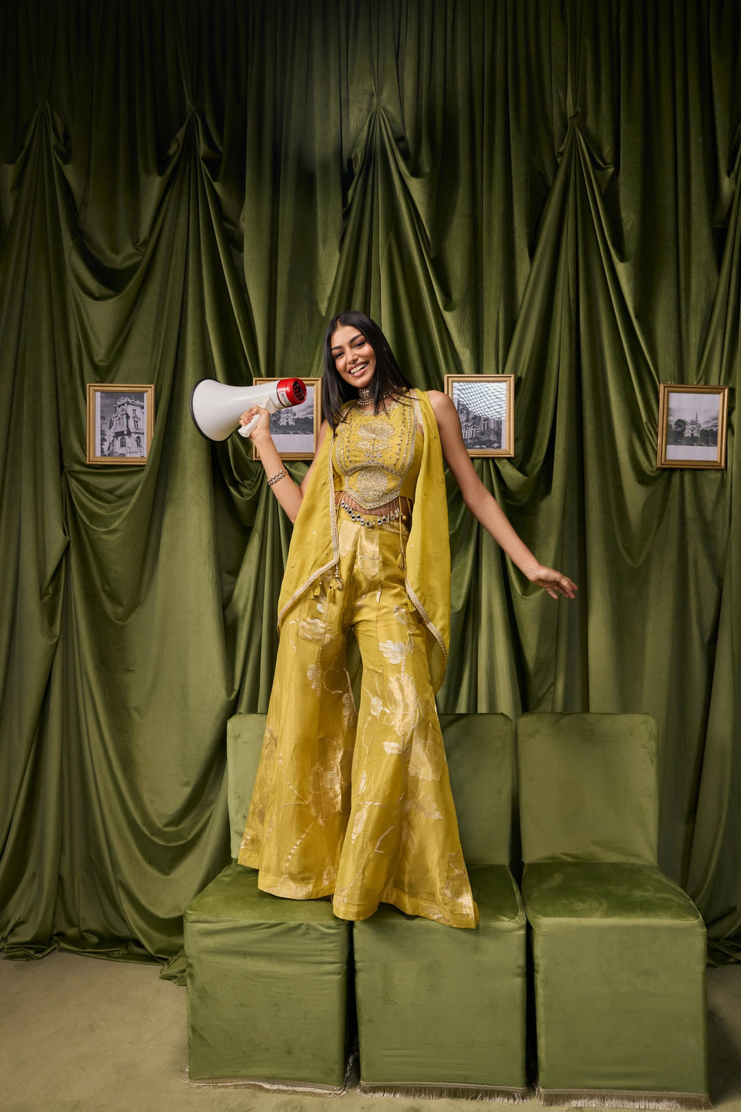 Variyali Green Tissue Zari Printed Three Piece Set