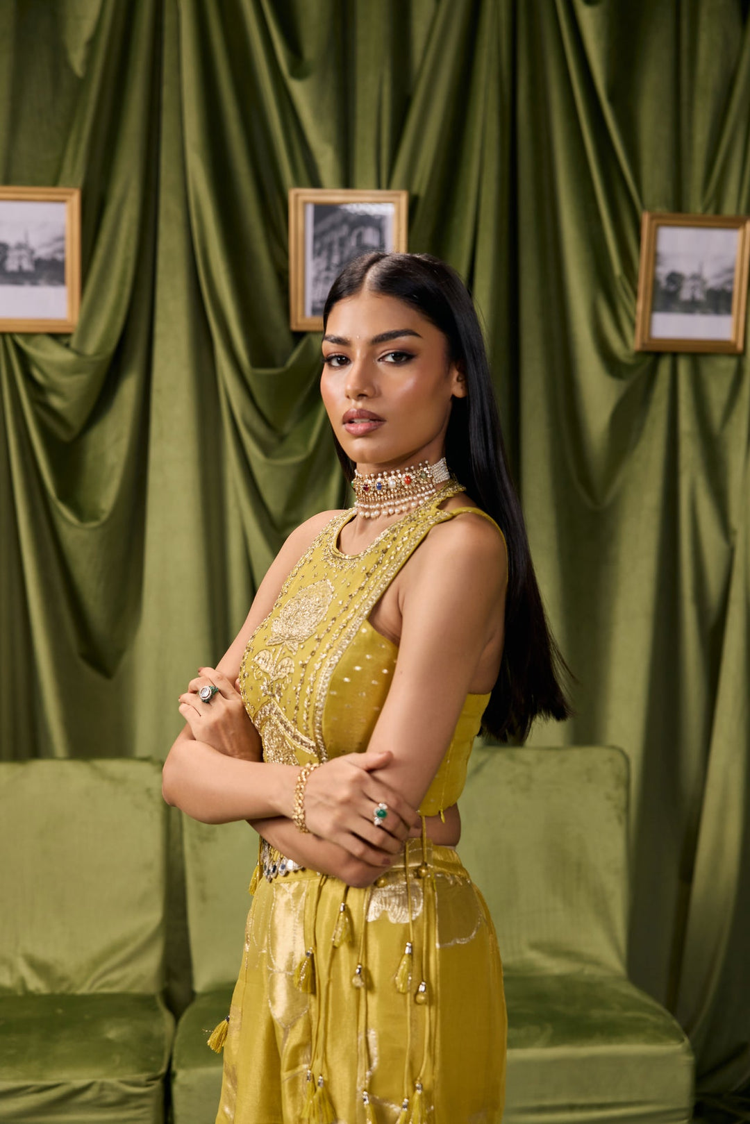 Variyali Green Tissue Zari Printed Three Piece Set