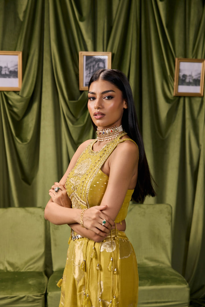 Variyali Green Tissue Zari Printed Three Piece Set