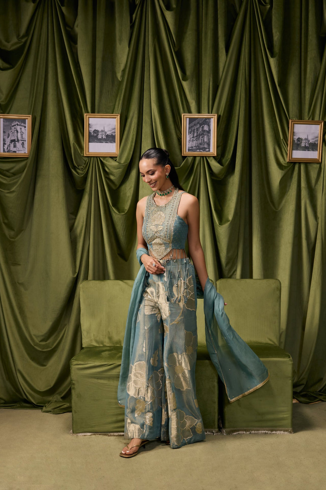 Sea Green Tissue Zari Printed Three Piece Set