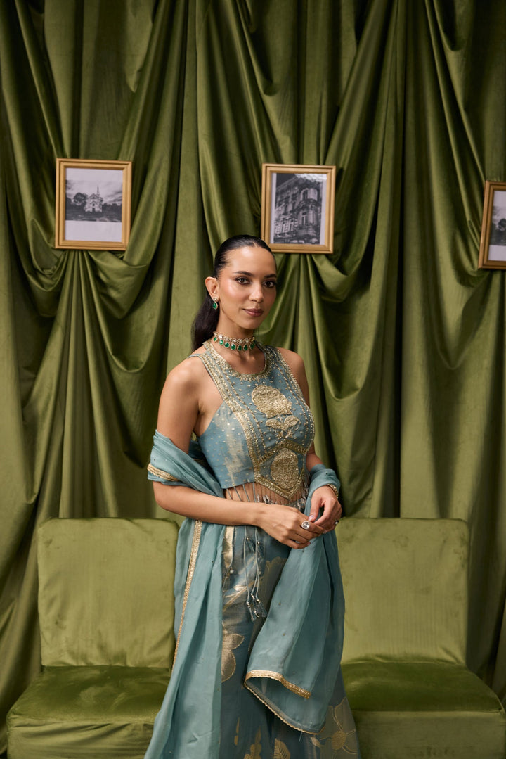 Sea Green Tissue Zari Printed Three Piece Set
