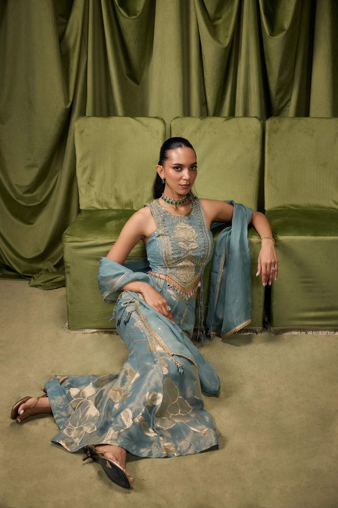 Sea Green Tissue Zari Printed Three Piece Set