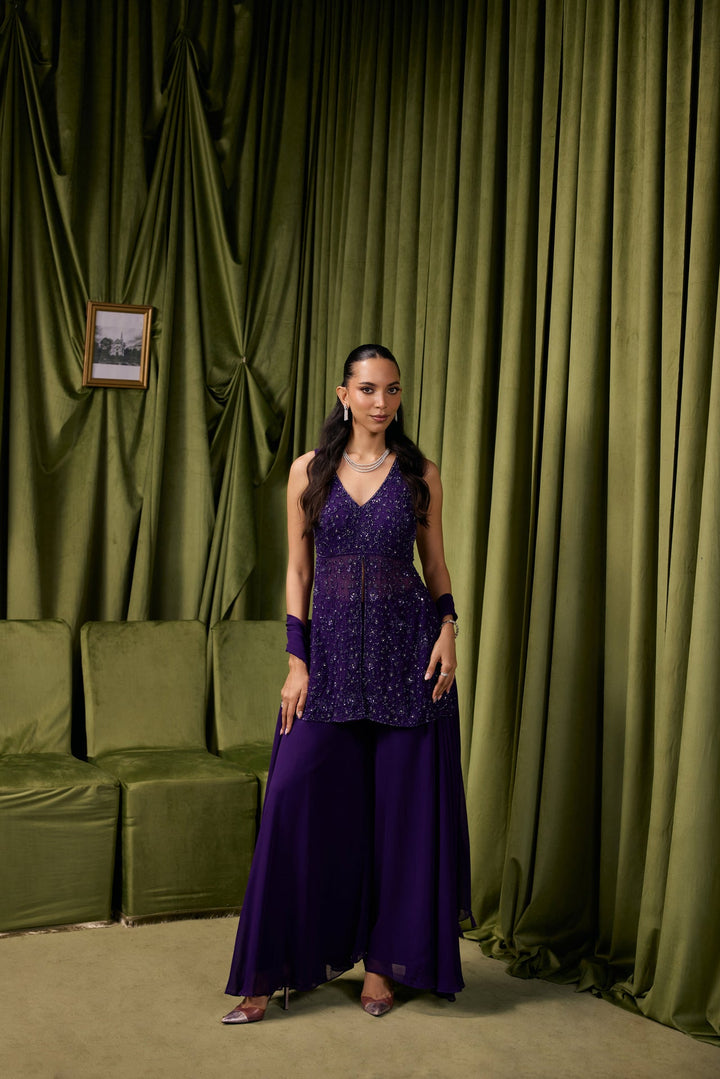 Purple Georgette Floral Embroidered Two Piece Set