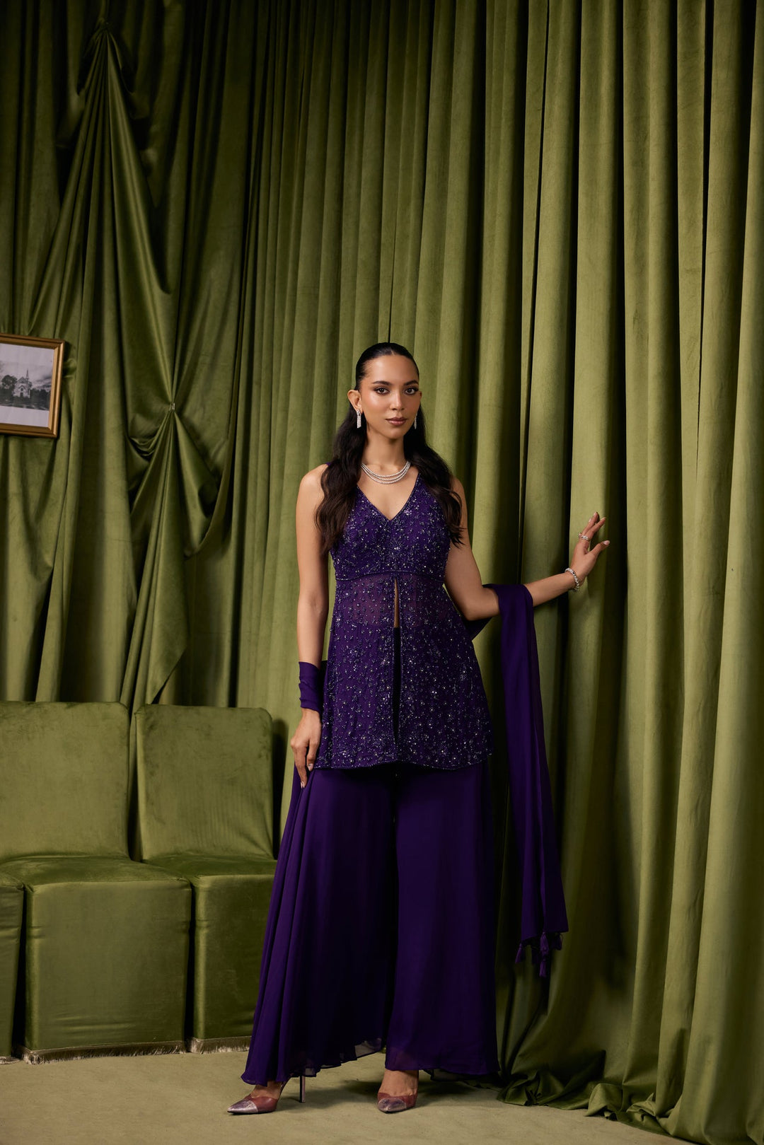 Purple Georgette Floral Embroidered Two Piece Set