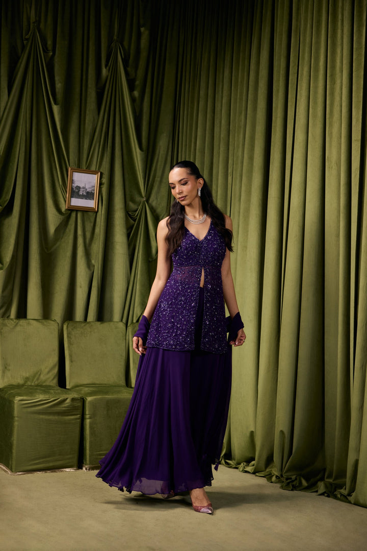 Purple Georgette Floral Embroidered Two Piece Set