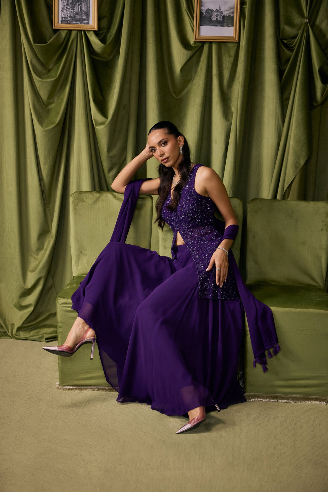 Purple Georgette Floral Embroidered Two Piece Set