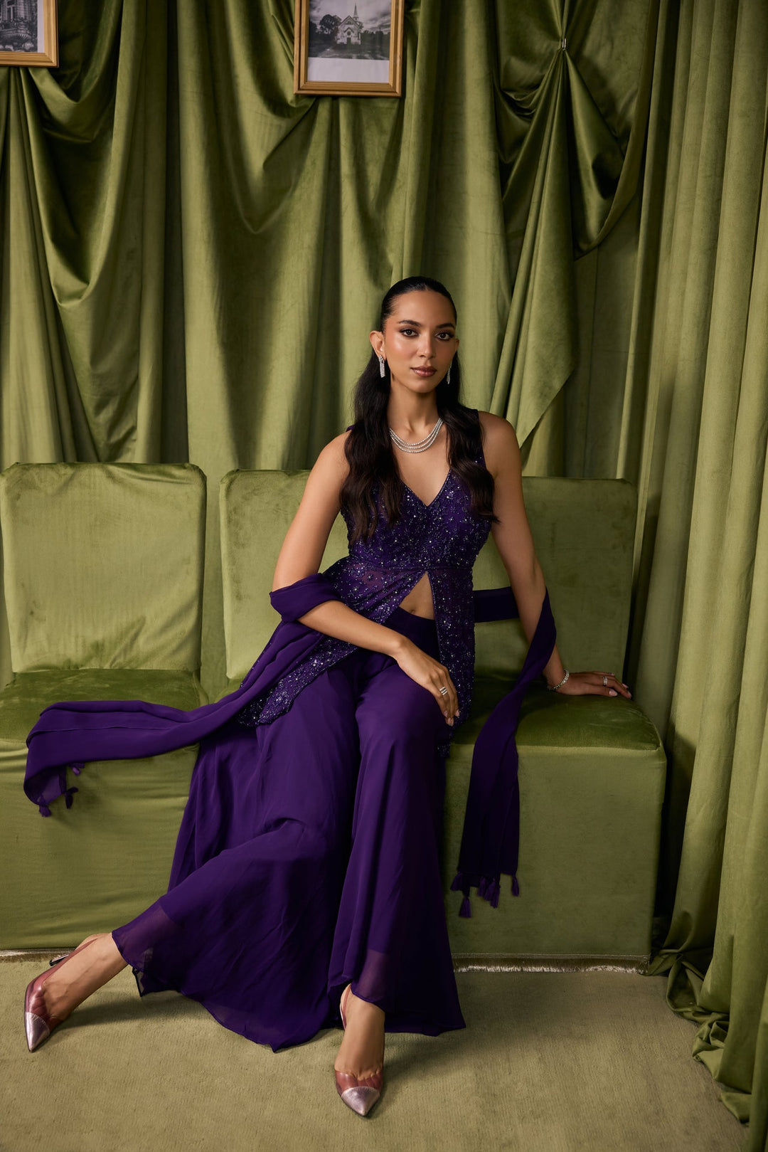 Purple Georgette Floral Embroidered Two Piece Set