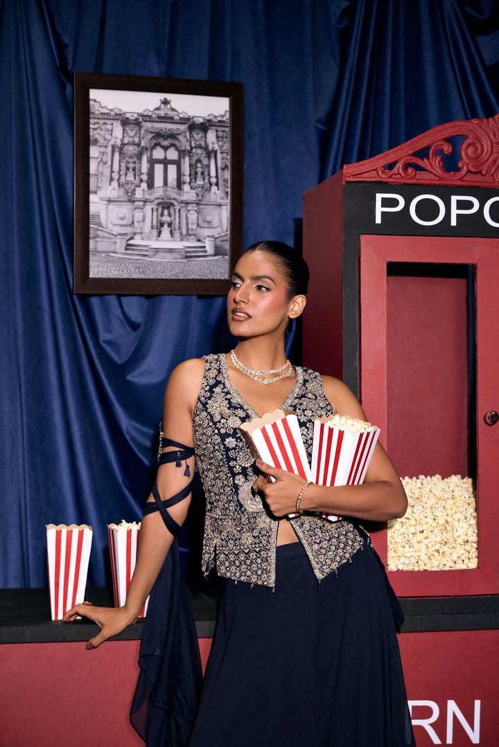 Navy Blue Georgette Zari Heavy Embroidered Two Piece Set