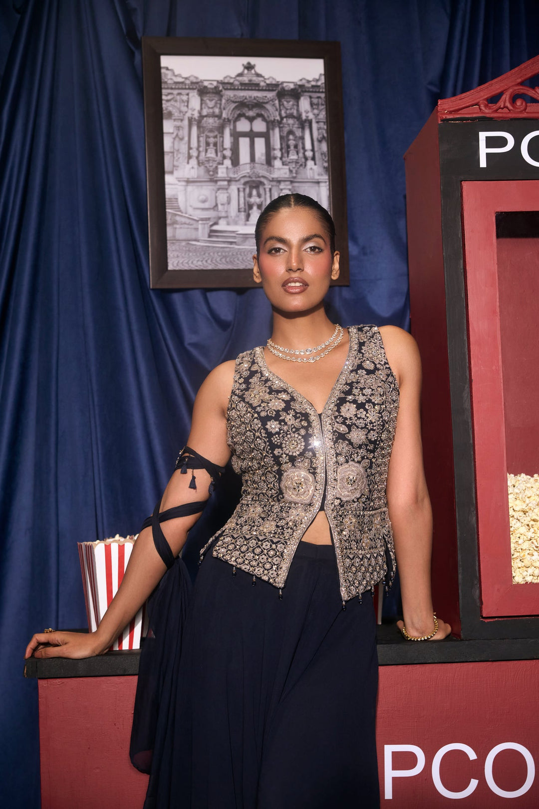 Navy Blue Georgette Zari Heavy Embroidered Two Piece Set