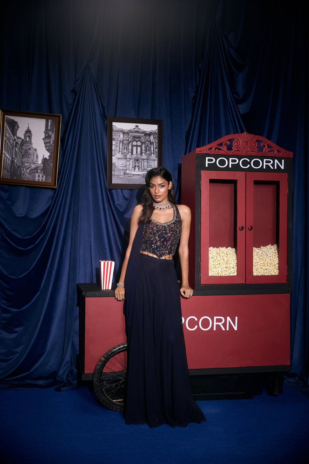 Navy Blue Georgette Embroidered Three Piece Set