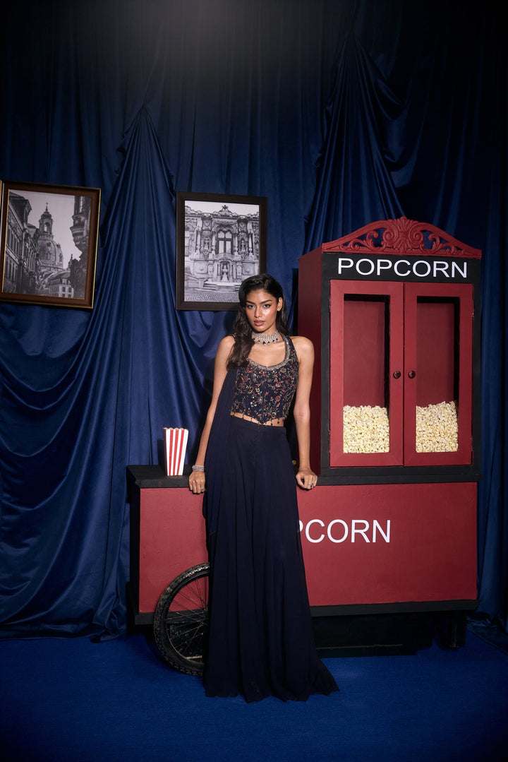 Navy Blue Georgette Embroidered Three Piece Set