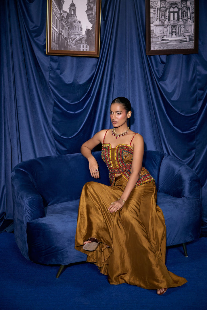 Mustard Silk Thread And Stone Embroidered Two Piece Set