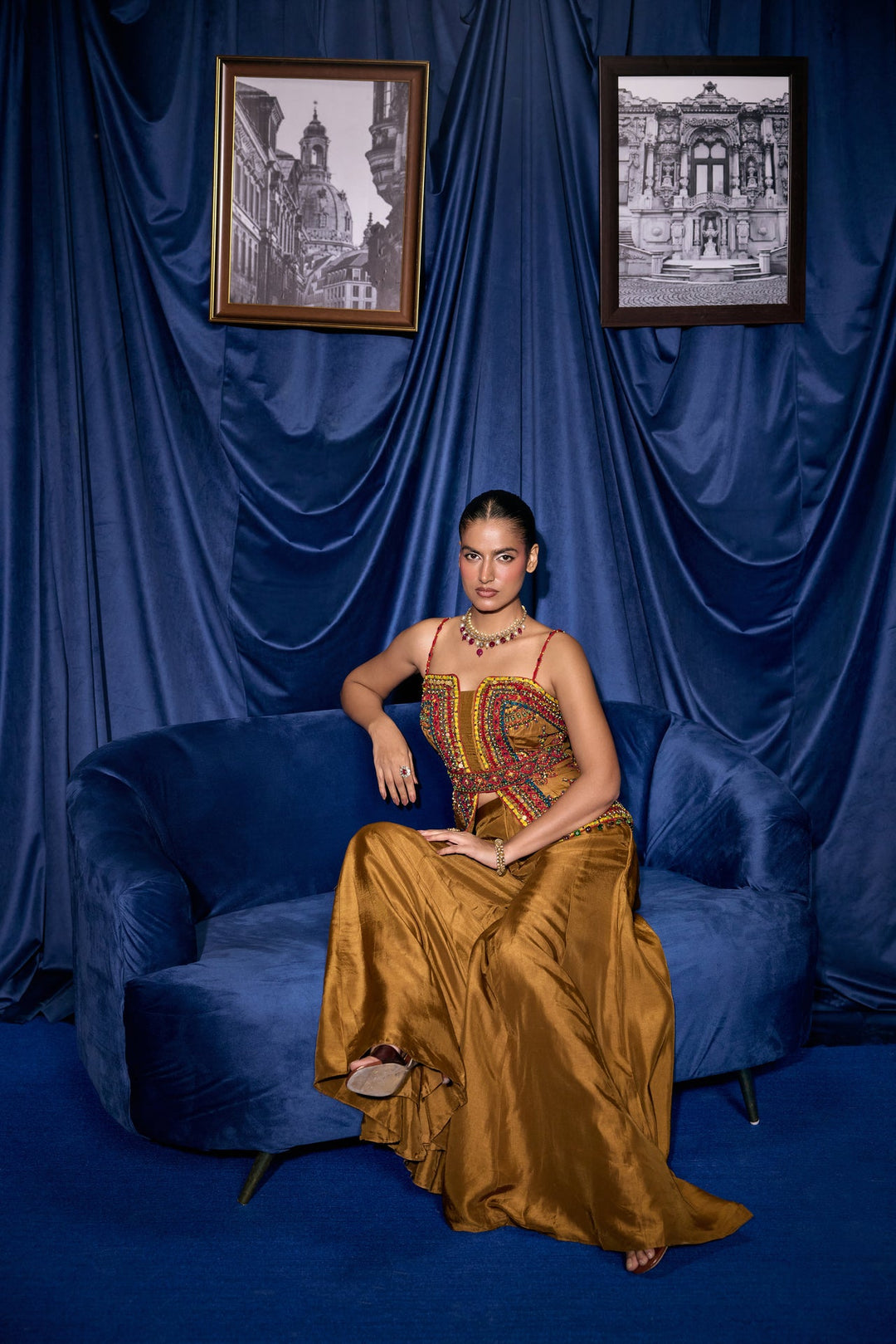 Mustard Silk Thread And Stone Embroidered Two Piece Set