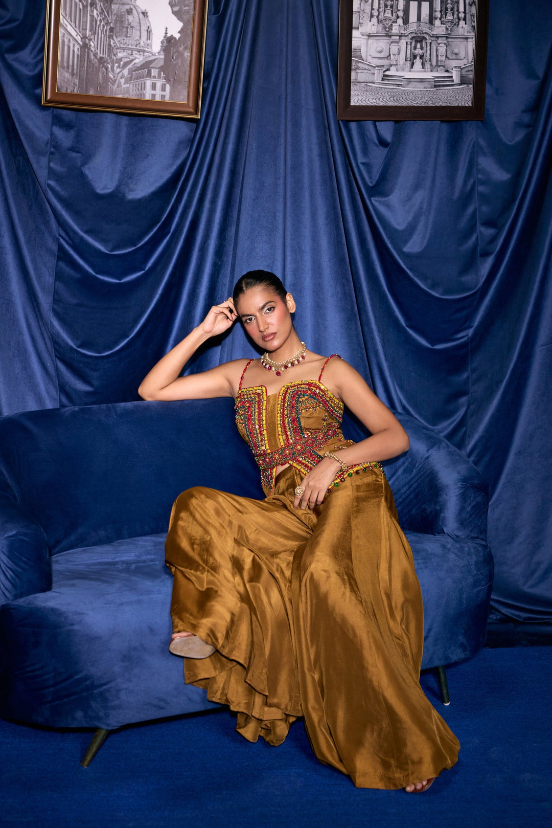 Mustard Silk Thread And Stone Embroidered Two Piece Set