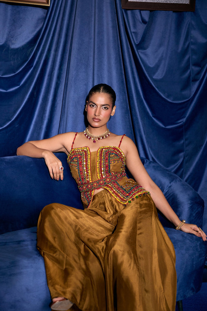 Mustard Silk Thread And Stone Embroidered Two Piece Set
