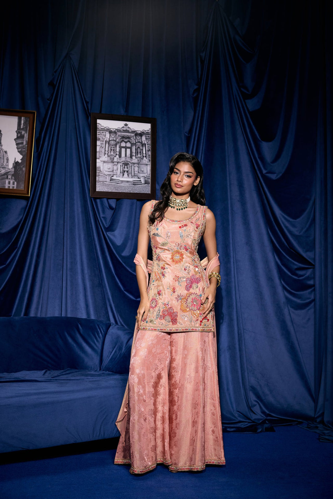 Peach Tissue Floral Thread Embroidered Three Piece Set