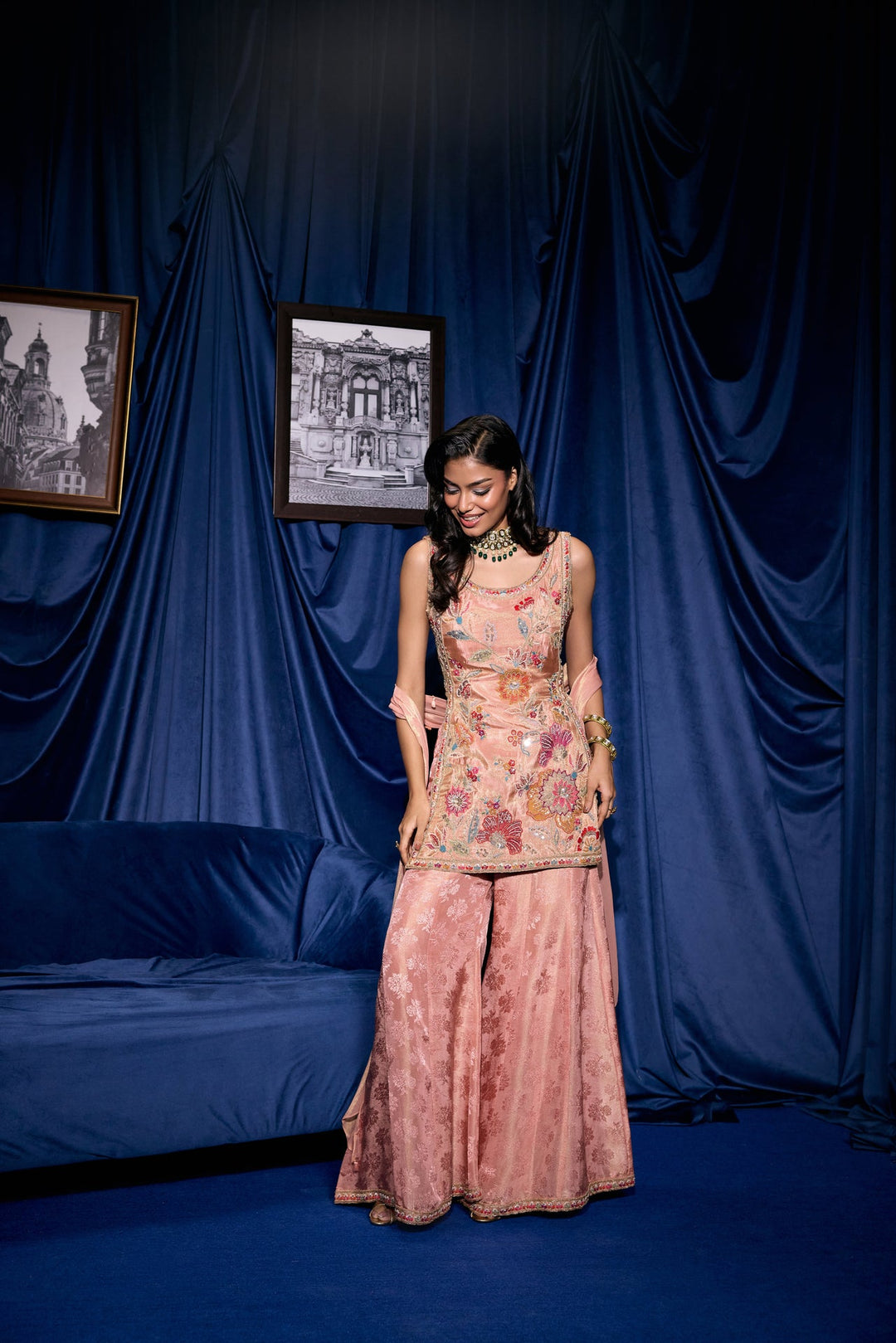 Peach Tissue Floral Thread Embroidered Three Piece Set