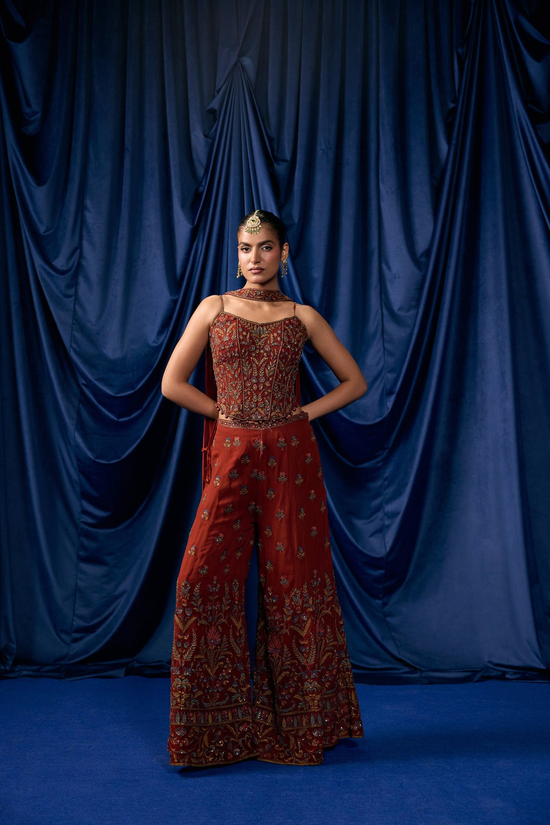 Rust Georgette Buti Floral Heavy Embroidered Three Piece Set