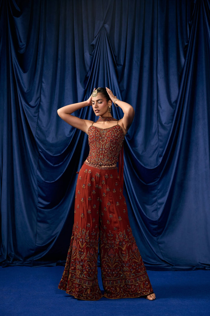 Rust Georgette Buti Floral Heavy Embroidered Three Piece Set