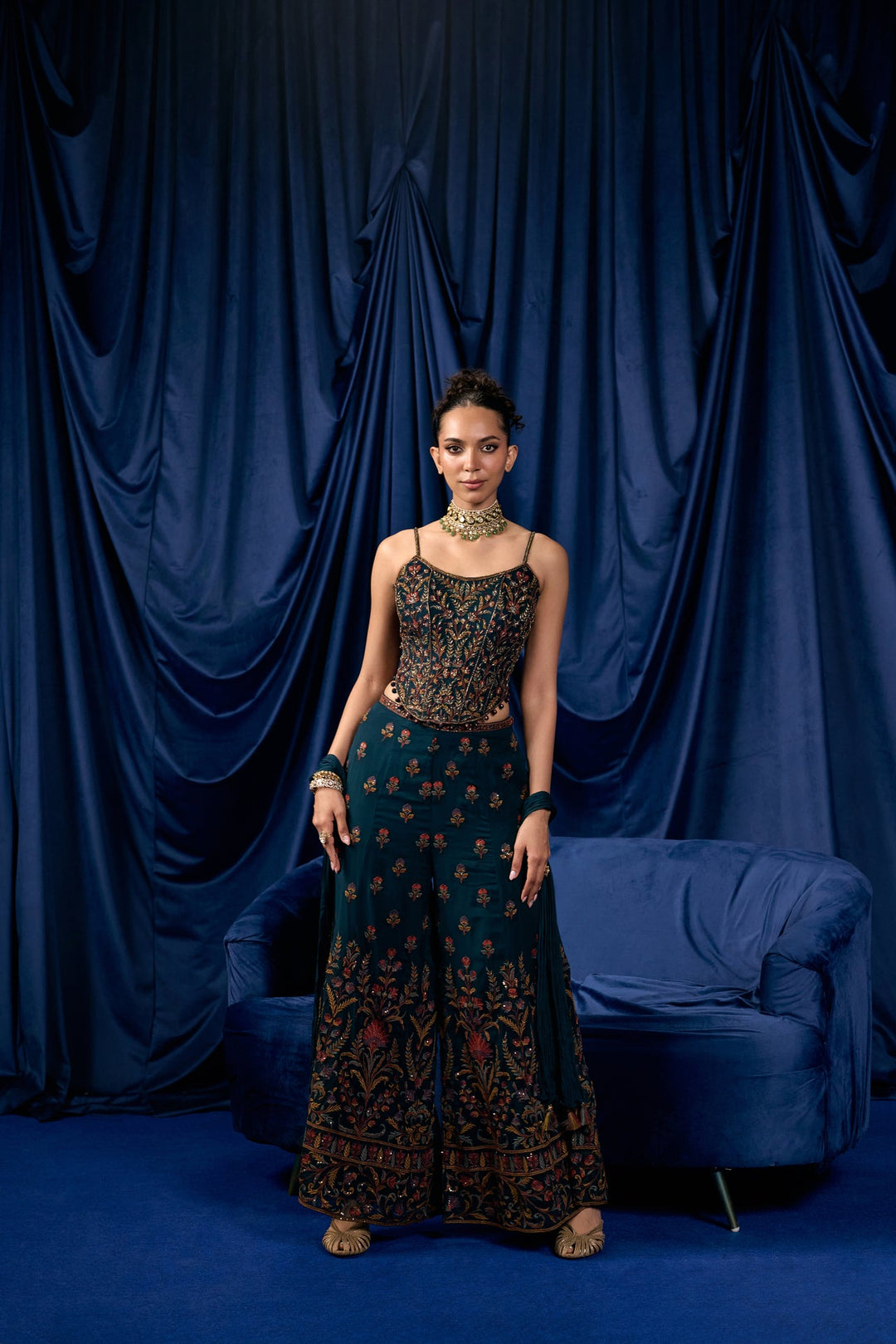 Peacock Georgette Buti Floral Heavy Embroidered Three Piece Set