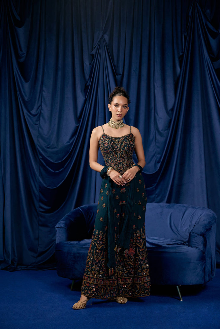 Peacock Georgette Buti Floral Heavy Embroidered Three Piece Set