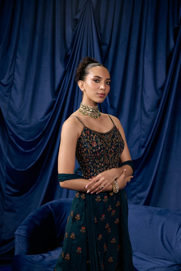 Peacock Georgette Buti Floral Heavy Embroidered Three Piece Set