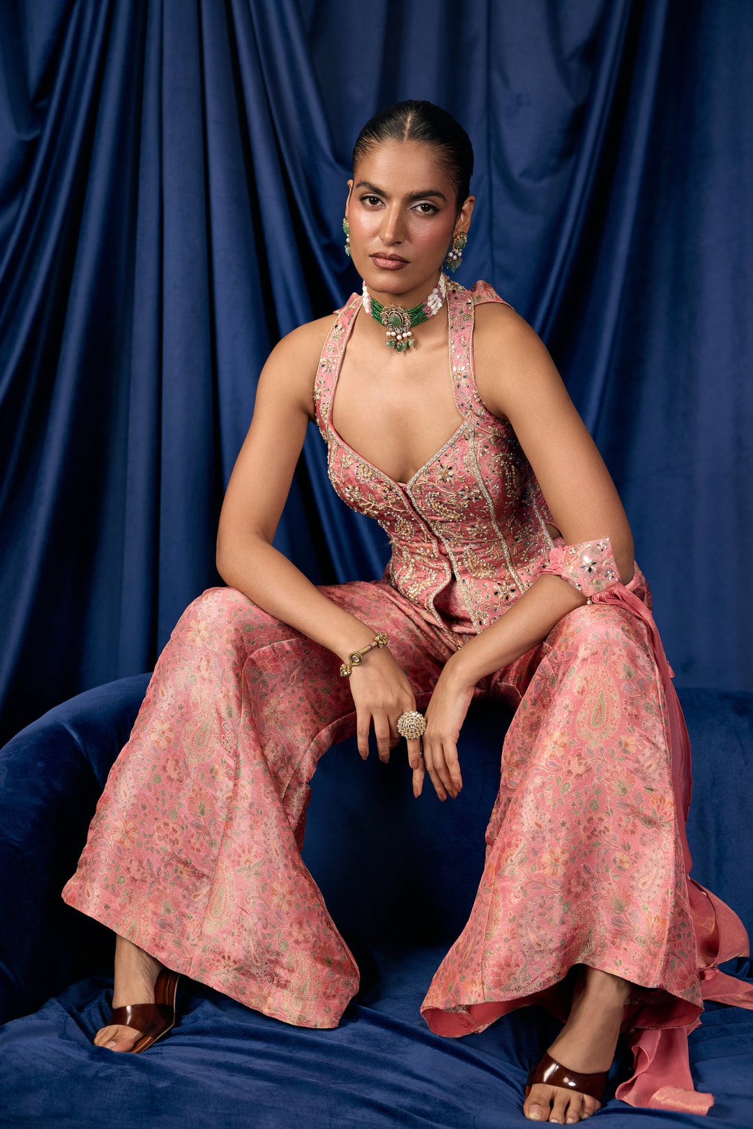 Onion Pink Tissue Floral And Paisley Printed Three Piece Set