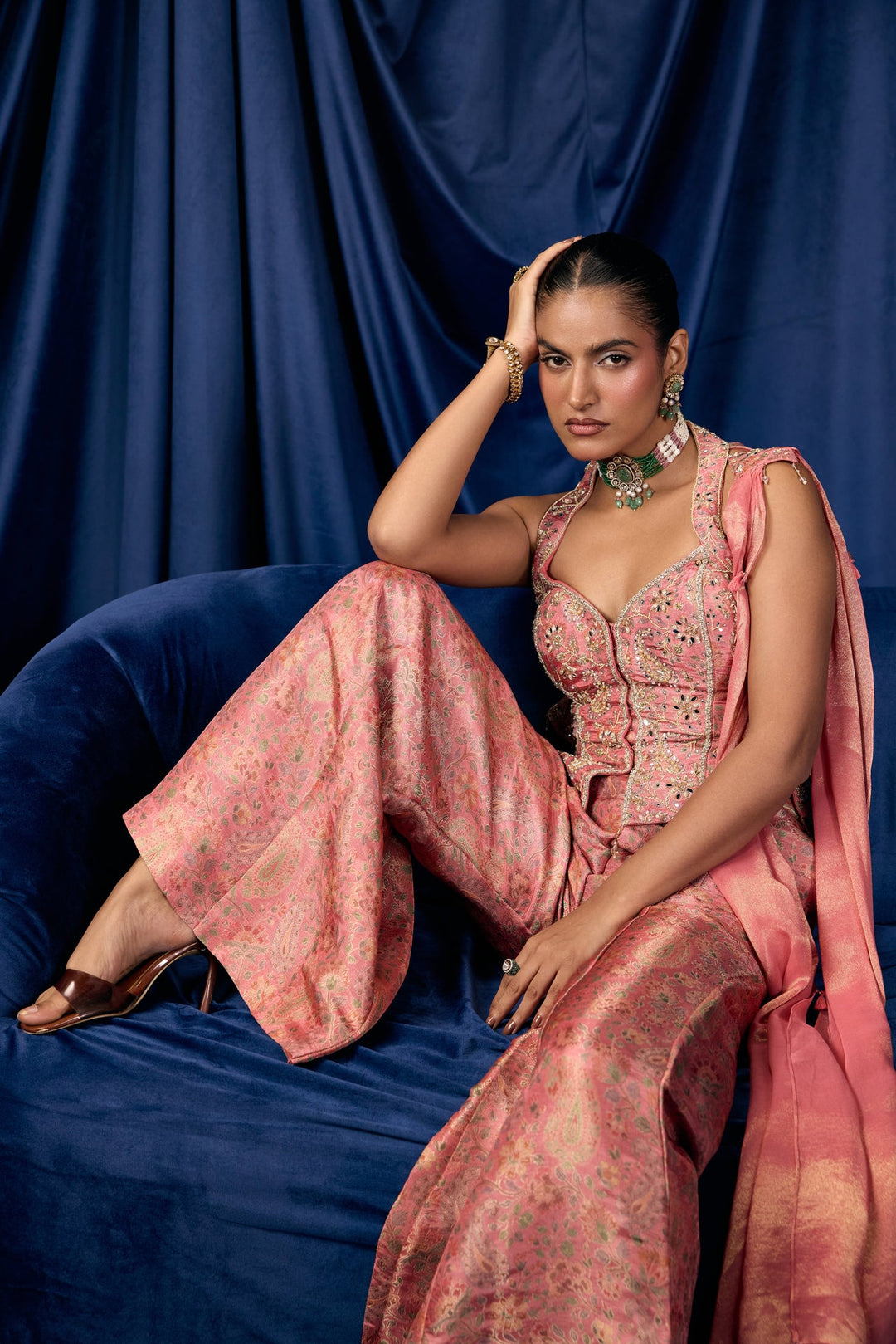 Onion Pink Tissue Floral And Paisley Printed Three Piece Set