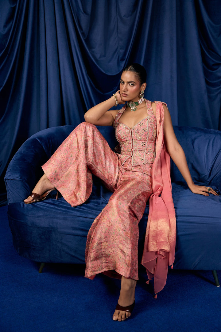 Onion Pink Tissue Floral And Paisley Printed Three Piece Set