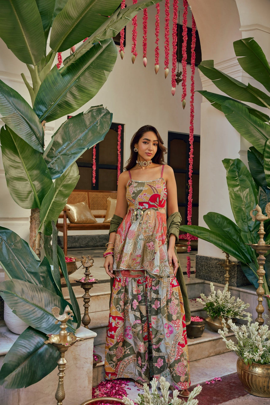 Neerus Multi chinon printed peplum suit set with palazzo - detail view 2