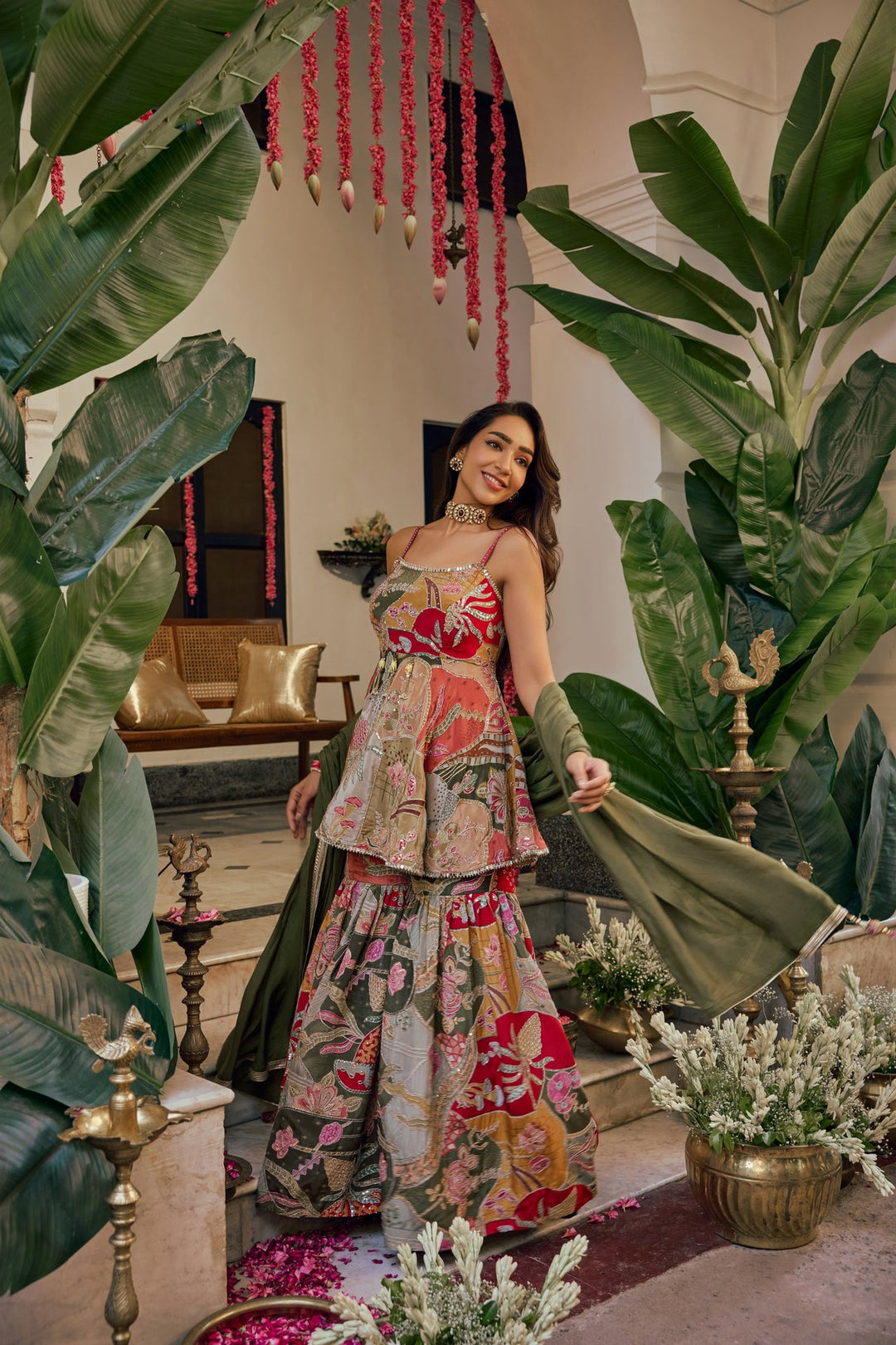 Neerus Multi chinon printed peplum suit set with palazzo - side view