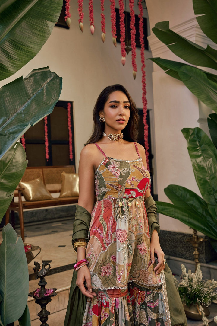 Neerus Multi chinon printed peplum suit set with palazzo - back view