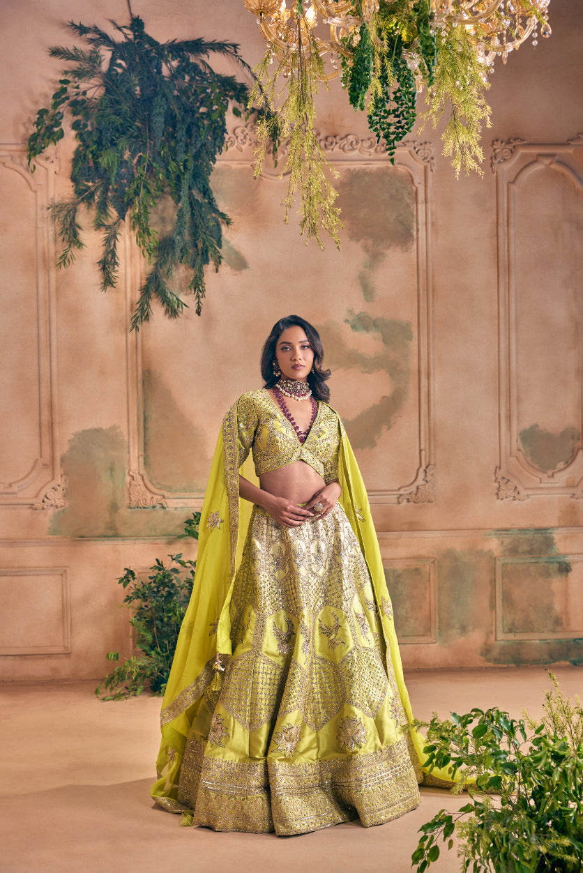 Neerus Green silk embroidered lehenga set - front view
