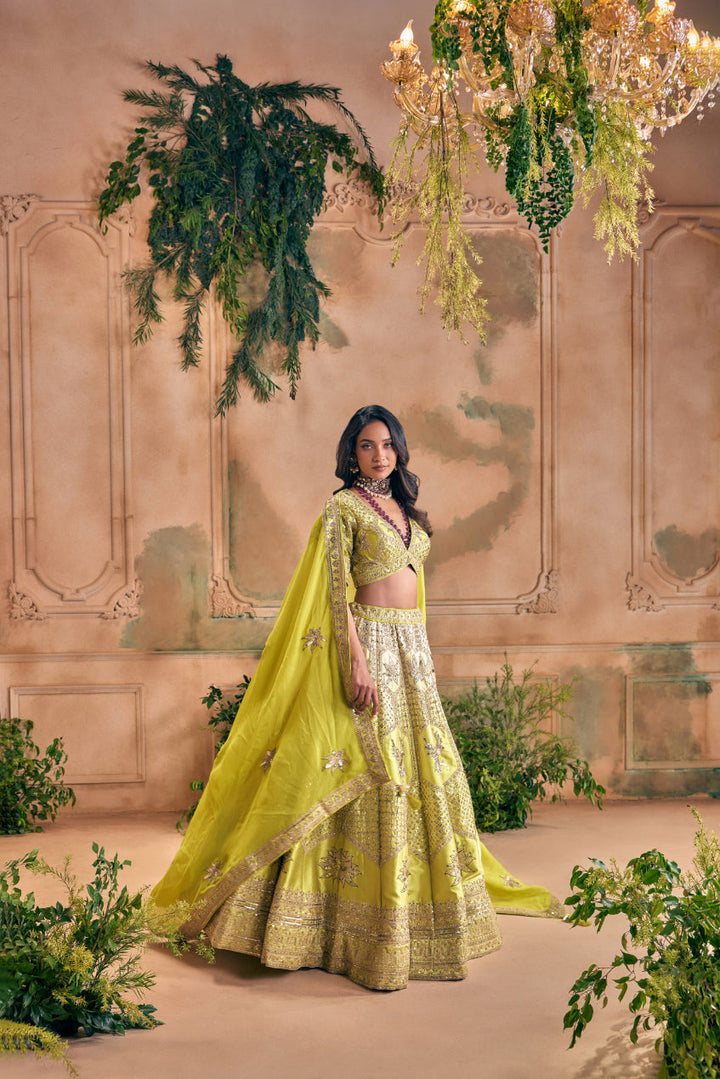 Neerus Green silk embroidered lehenga set - back view
