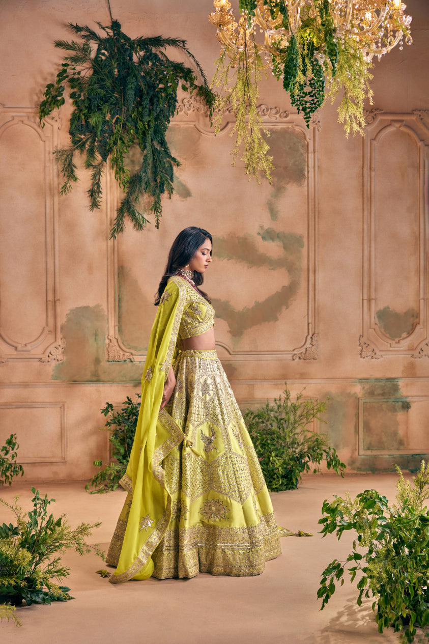 Neerus Green silk embroidered lehenga set - side view