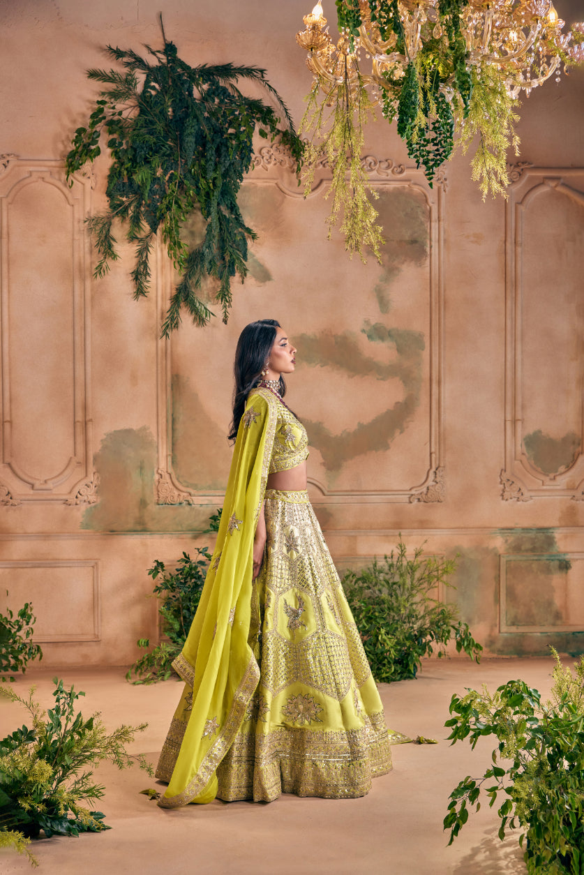 Neerus Green silk embroidered lehenga set - detail view 1